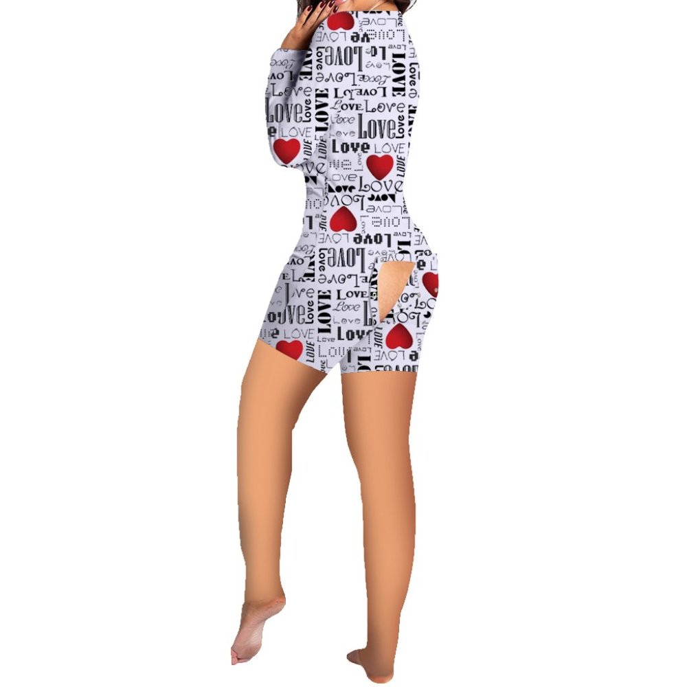 K874 White Love Print Open Back Flap Adult Pajama